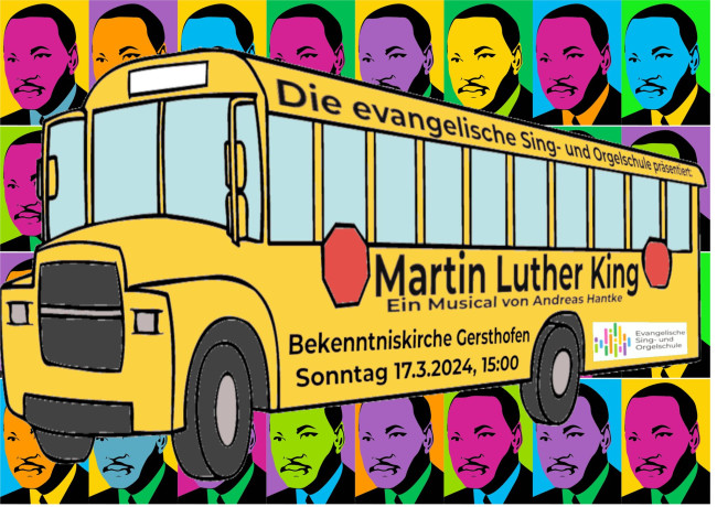 Gelber Schülerbus und ein Foto von Martin Luther King